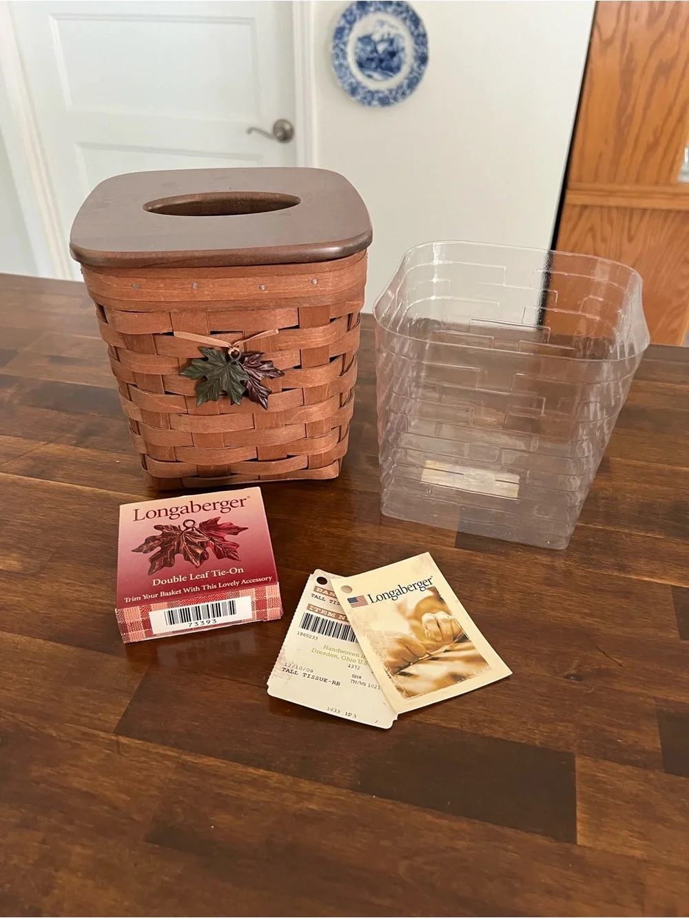 Longaberger Tall Tissue Basket in Dark Stain with Double Leaf Tie-On, 2009